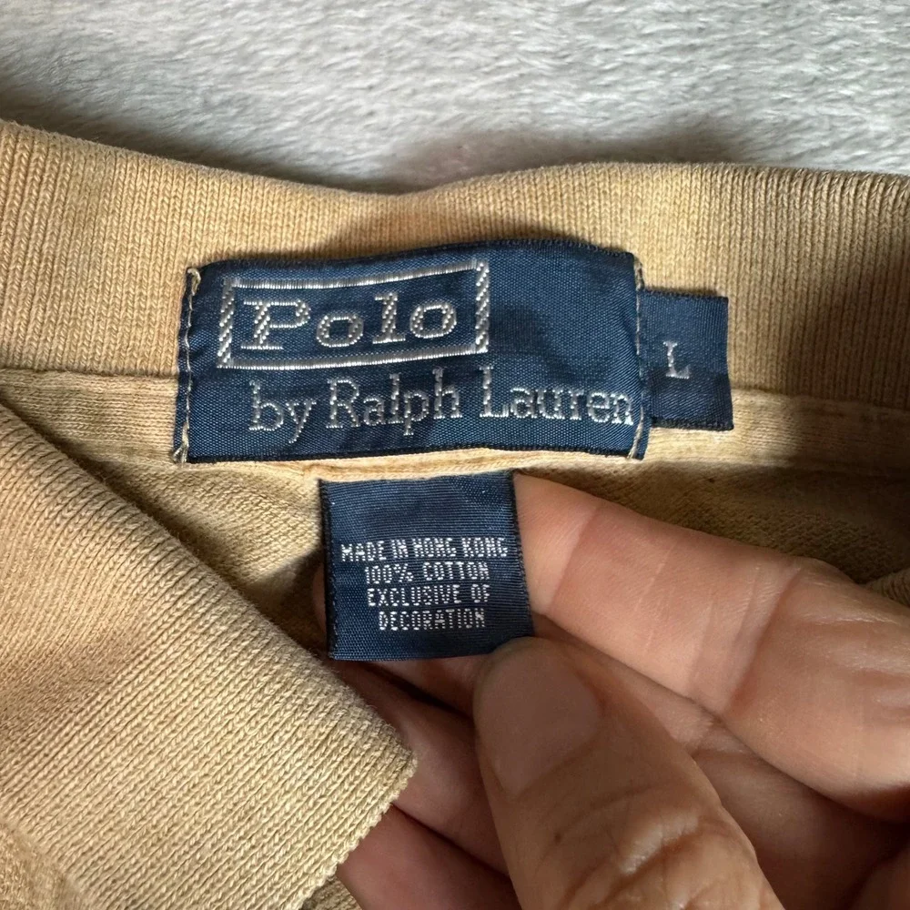 Polo Ralph Lauren Mens Long Sleeve Pique Polo Shirt Tan Beige Size Large